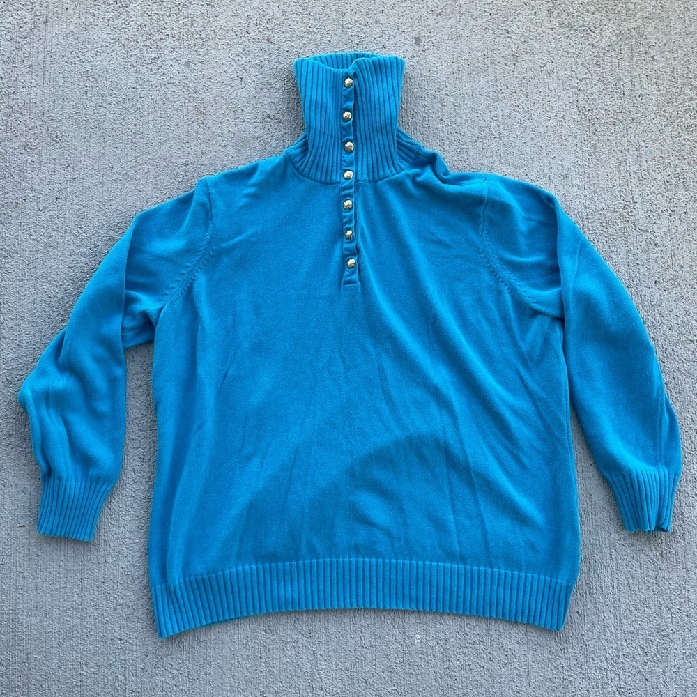 Vintage Ralph Lauren Blue ribbed Mock Neck Button Sweater Coastal Preppy gold